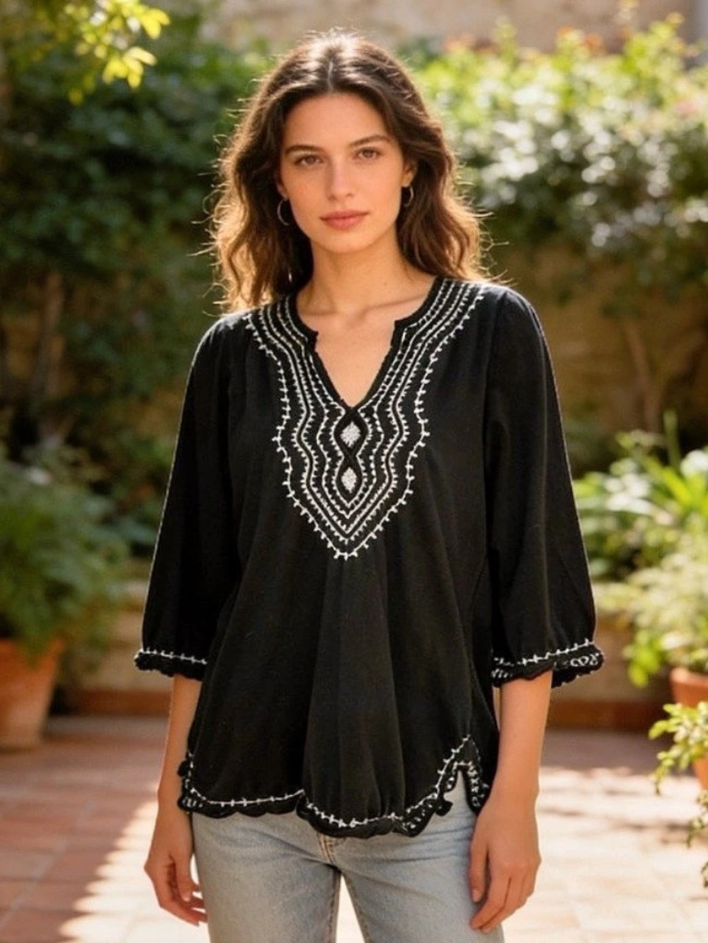 Lucky Brand Black Embroidered Peasant Blouse Size M